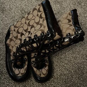 Coach Khaki Signature Lace-Up Platform Boots with Black Patent Trim